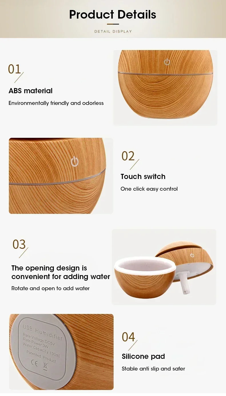 Mini Woodgrain Ultrasonic USB Essential Oil Diffuser Portable Desktop Aromatherapy Air Humidifier for Home Office Use