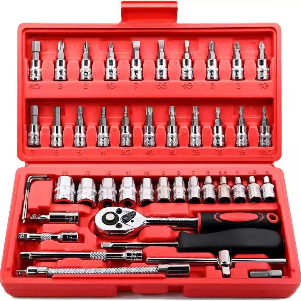 46Pc Auto Maintenance Vehicle-mounted Socket Repair Set Family Tools Factory Sale Auto Repair Combination Ratchet Wrench Toolbox