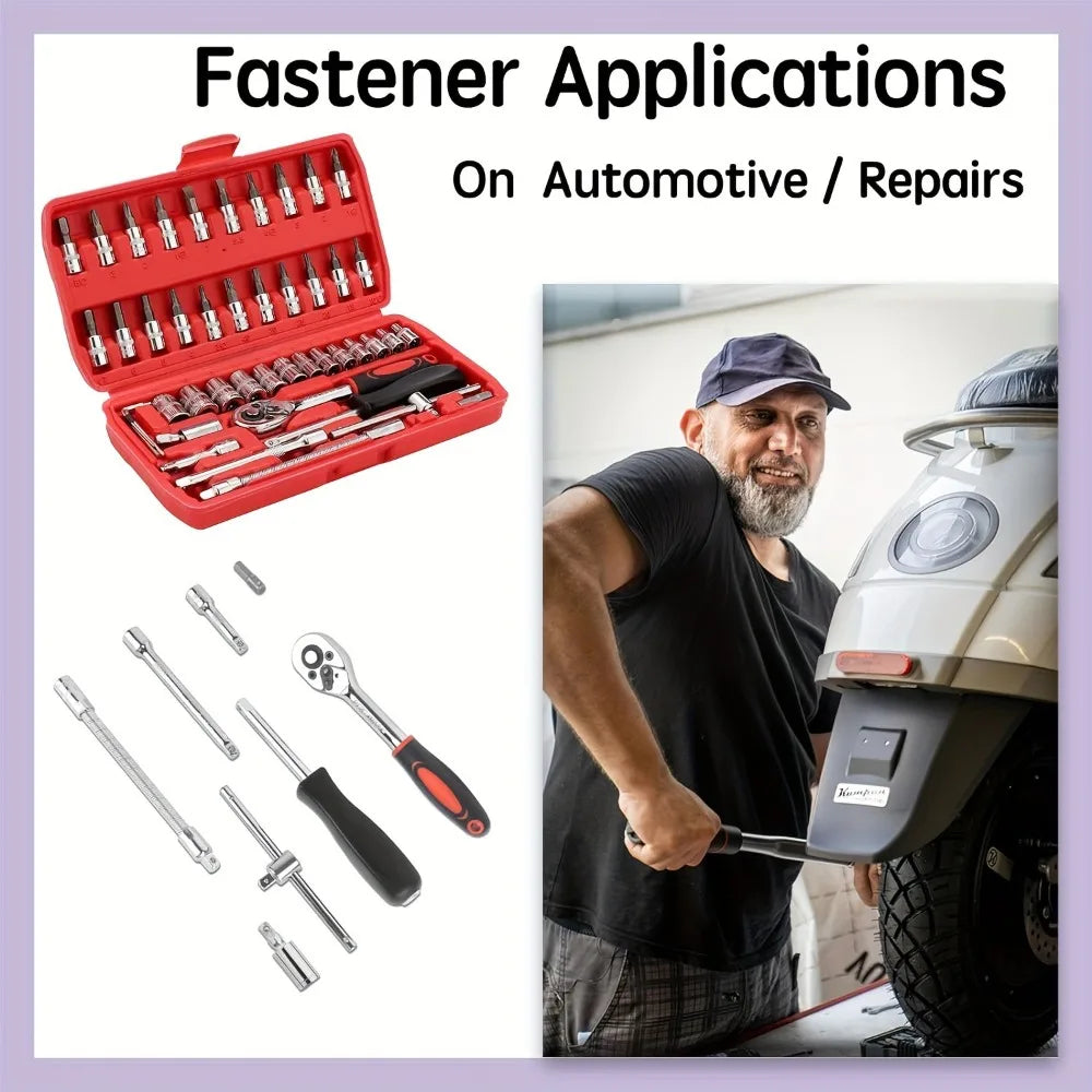 46Pc Auto Maintenance Vehicle-mounted Socket Repair Set Family Tools Factory Sale Auto Repair Combination Ratchet Wrench Toolbox