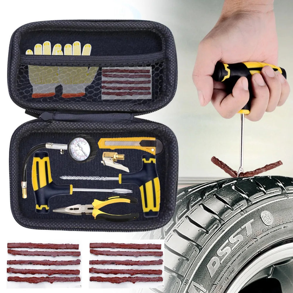 Car Tire Repair Tool Kit with Rubber Strips Tubeless Tyre Puncture Studding Plug Set Motorcycle Truck Vacuum Tire Repair Tool