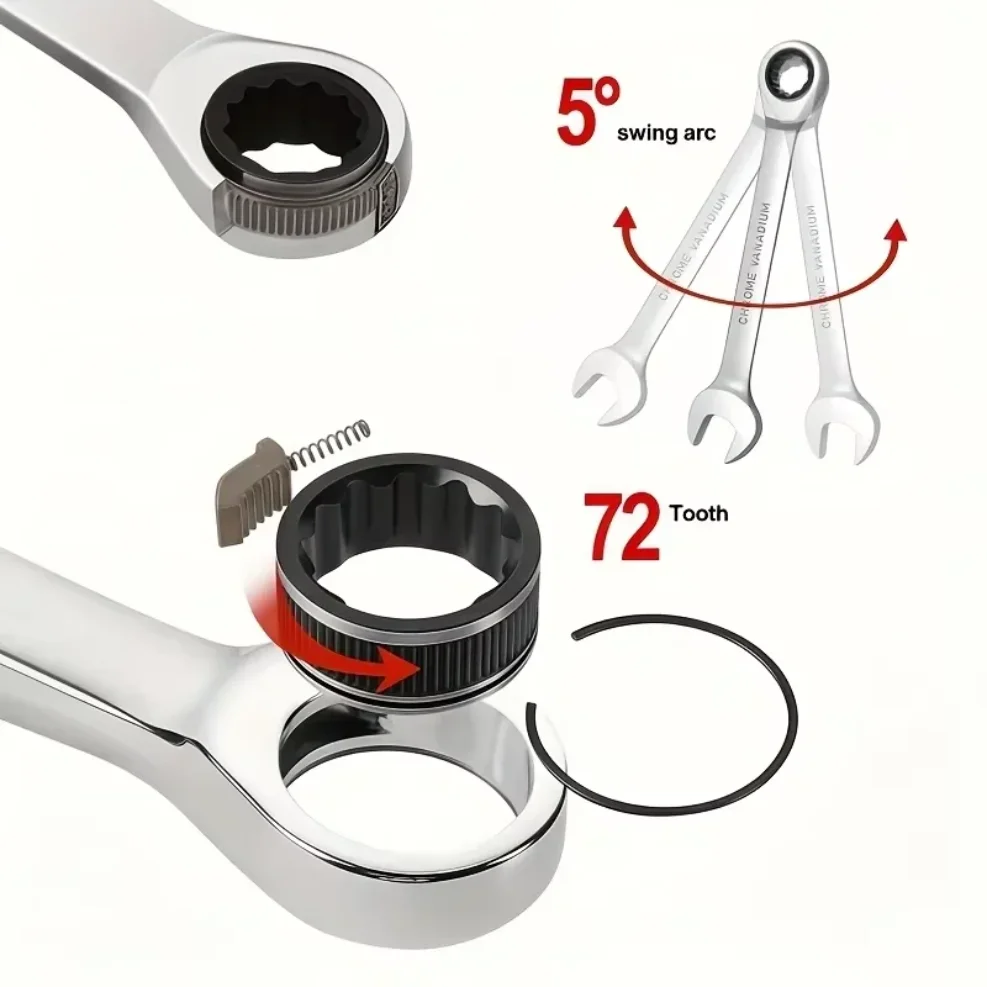 Fixed Head Dual Purpose Open End Plummer Ratchet, Multi-Functional Quick Swing Head Mirror Wrench Set, 72 Teeth Industrial Grade