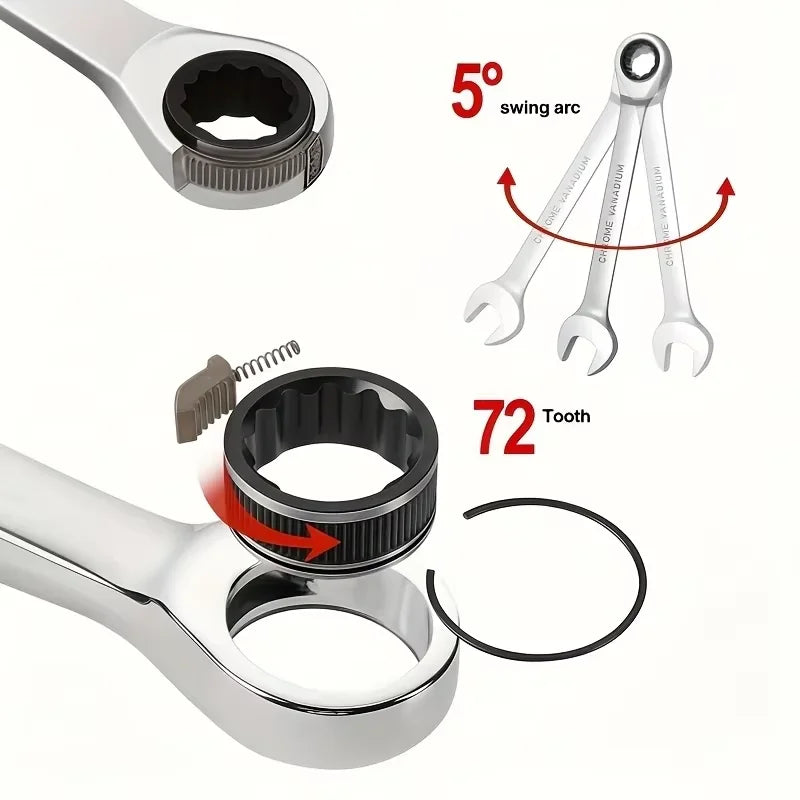 Fixed Head Dual Purpose Open End Plummer Ratchet, Multi-Functional Quick Swing Head Mirror Wrench Set, 72 Teeth Industrial Grade