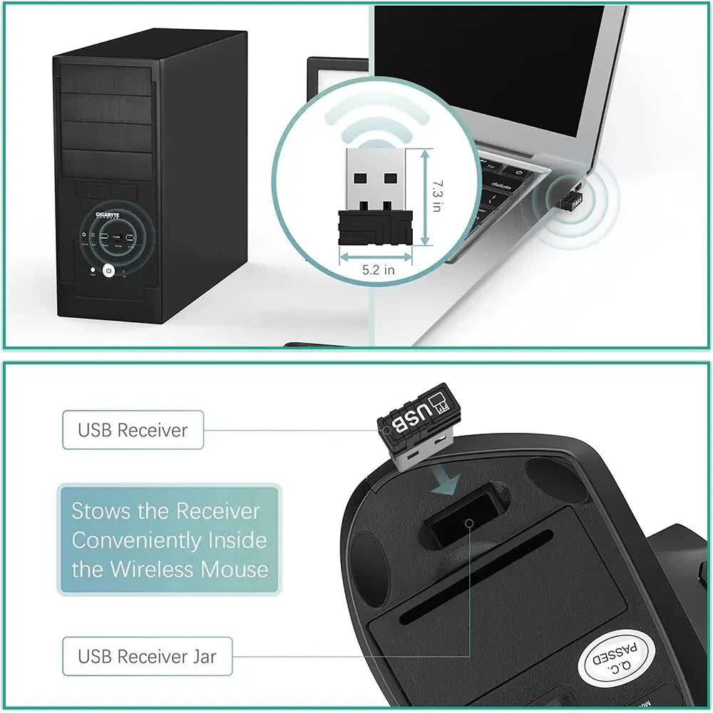 HOMEFISH Vertical Mouse Ergonomic 2.4GHz Wireless Optical Mice 3 Adjustable DPI 800/1200/1600 6 Buttons for Laptop PC Computer