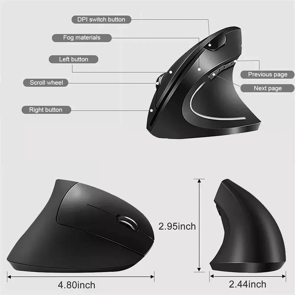 HOMEFISH Vertical Mouse Ergonomic 2.4GHz Wireless Optical Mice 3 Adjustable DPI 800/1200/1600 6 Buttons for Laptop PC Computer
